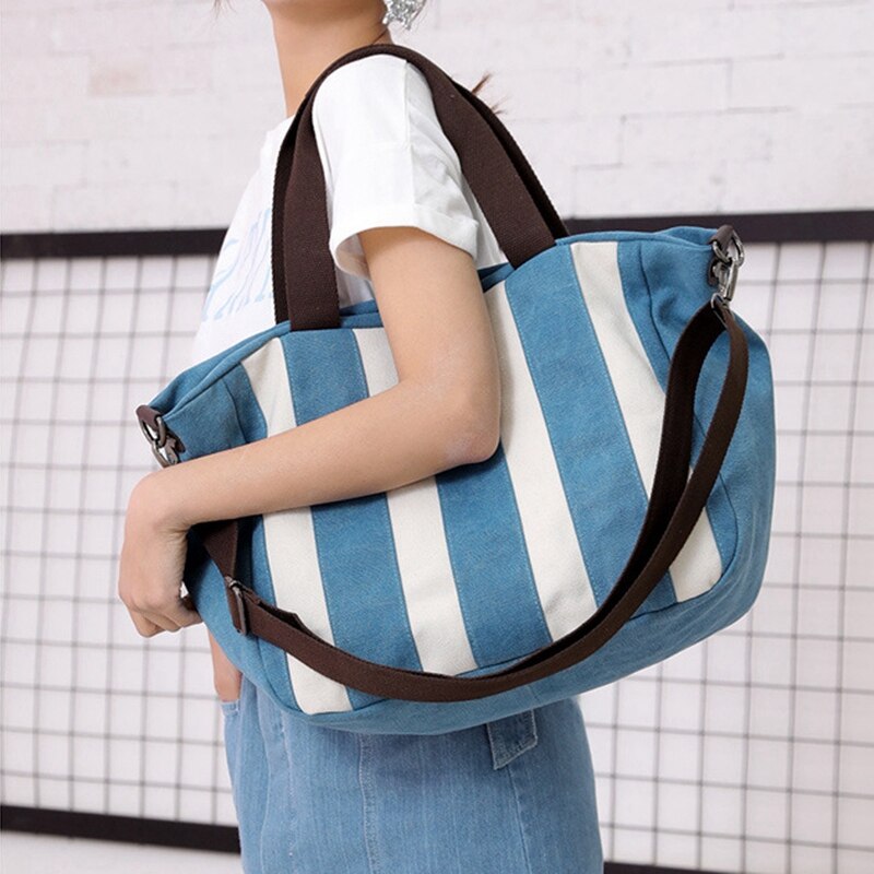 Ladies Canvas Bag Handbag Patchwork Stripes Trendy Classic Retro Shoulder Travel Bag Handbag - ebowsos