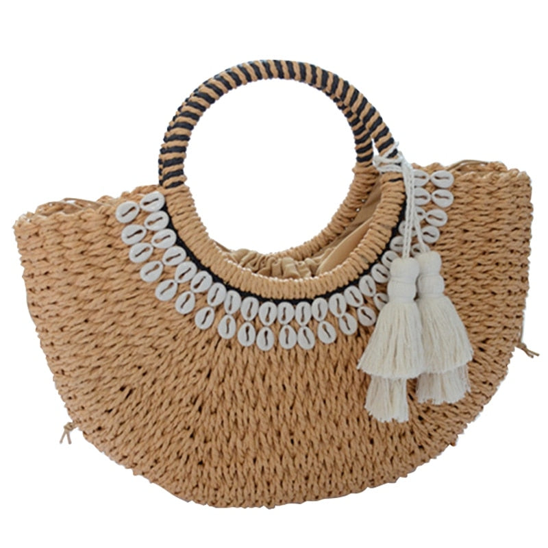 Ladies Fashion New Creative Shell Straw Bag Tassel Decoration Portable Woven Beach Handbag - ebowsos