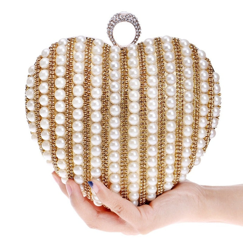 Ladies Messenger Bag Pearl Heart Shape Evening Bag Bride Banquet Dress Clutch Purse Handbag - ebowsos