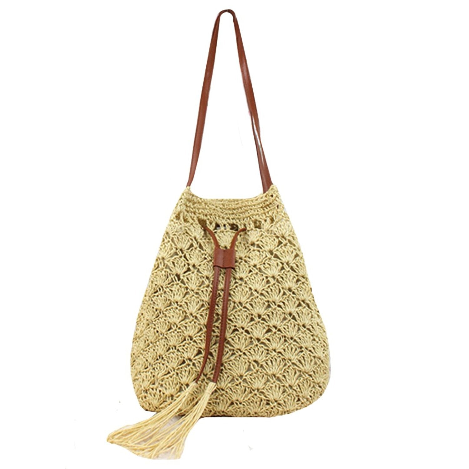 Ladies Modern Tassel Straw Knitted Ladies Handbag Handbag Shoulder Bag Perfect for Holiday on the Beach (Beige) - ebowsos