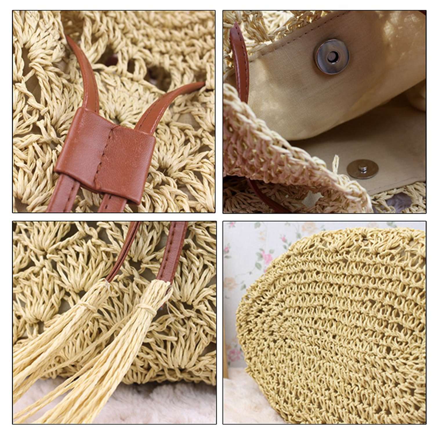 Ladies Modern Tassel Straw Knitted Ladies Handbag Handbag Shoulder Bag Perfect for Holiday on the Beach (Beige) - ebowsos