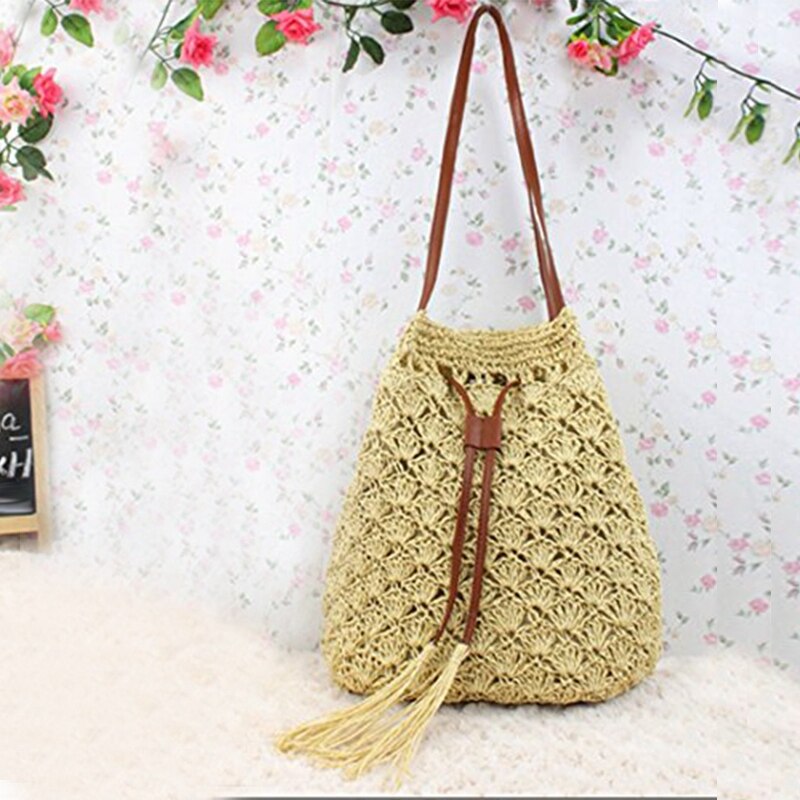 Ladies Modern Tassel Straw Knitted Ladies Handbag Handbag Shoulder Bag Perfect for Holiday on the Beach (Beige) - ebowsos