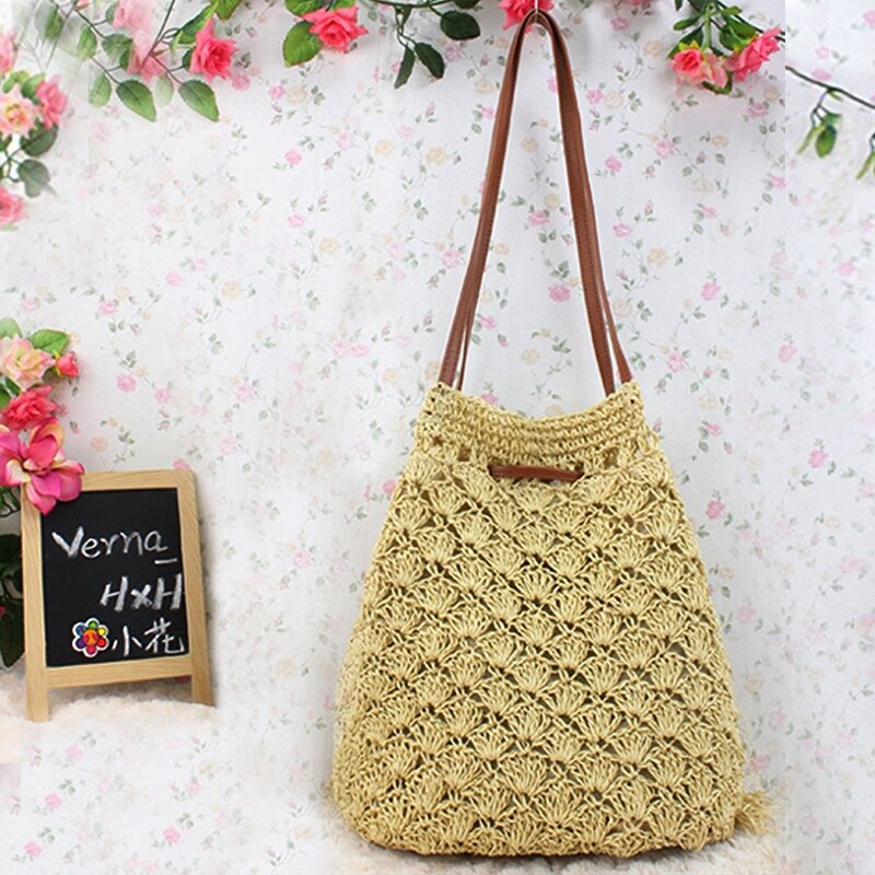 Ladies Modern Tassel Straw Knitted Ladies Handbag Handbag Shoulder Bag Perfect for Holiday on the Beach (Beige) - ebowsos