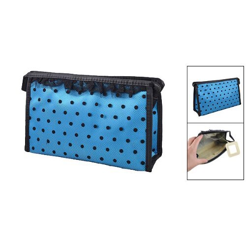 Lady Zip up Blue Black Dotted Lace Meshy Makeup Cosmetic Bag Organizer Holder - ebowsos