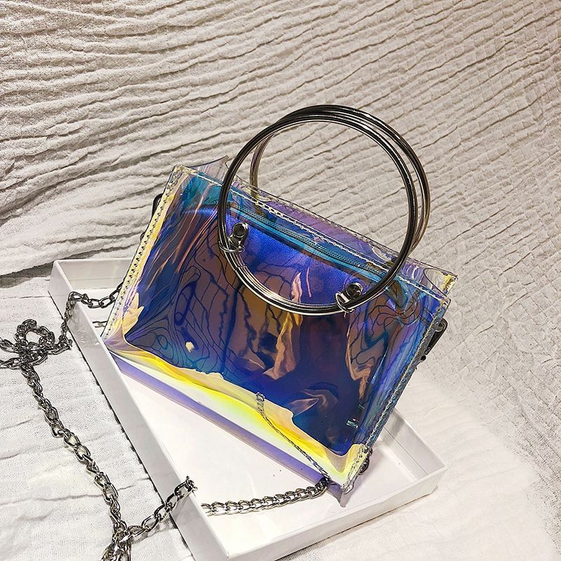 Laser-Jelly Handle Tote Women Transparent Bag Clear PVC Jelly Small Tote Messenger Bags Female Crossbody Shoulder Bags - ebowsos