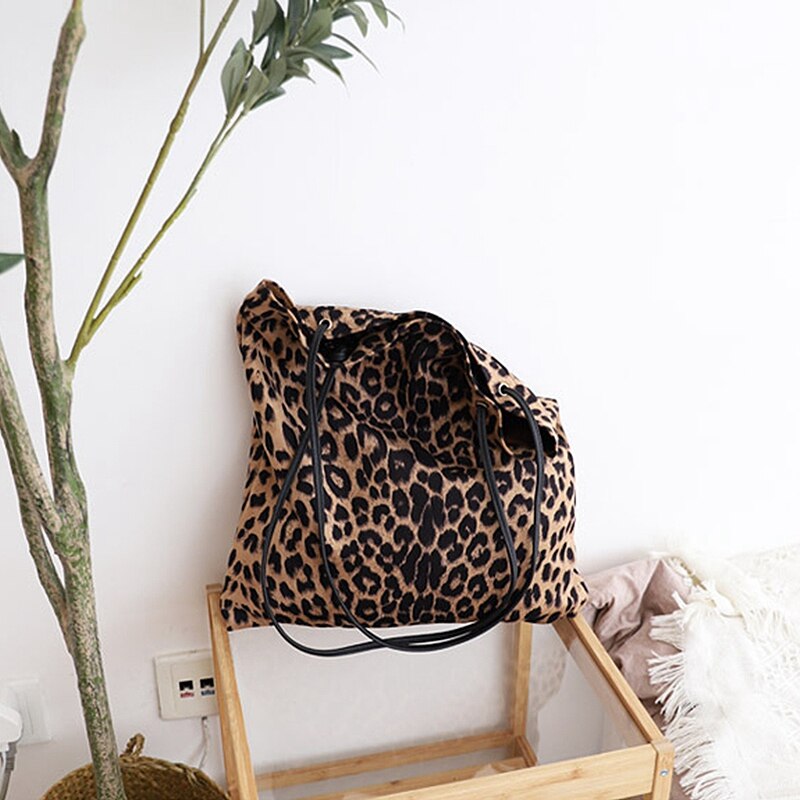 Leopard Print Shoulder Tote Bag Vintage Fashion Simple Canvas Shoulder Bags Handbags Large Storage Handbag Hand Bag For W - ebowsos