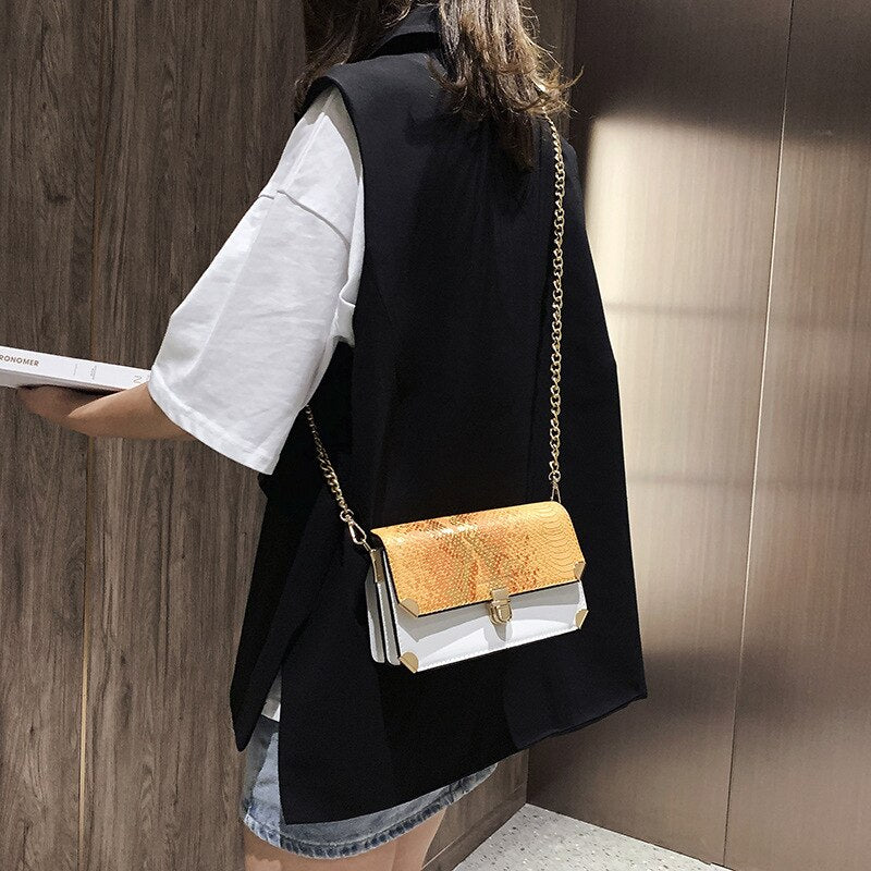 Lock Small Square Bag Snakeskin Handbags Korean Version Of The Chain Diagonal Shoulder Bag - ebowsos