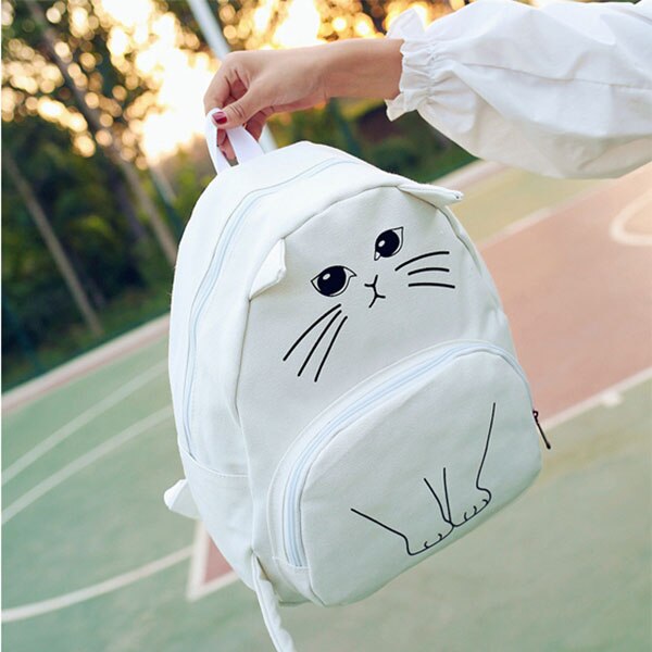 Lovely Cat Printing Backpack Women Canvas School Backpack For Teenagers Ladies Casual Cute Rucksack Bookbags - ebowsos