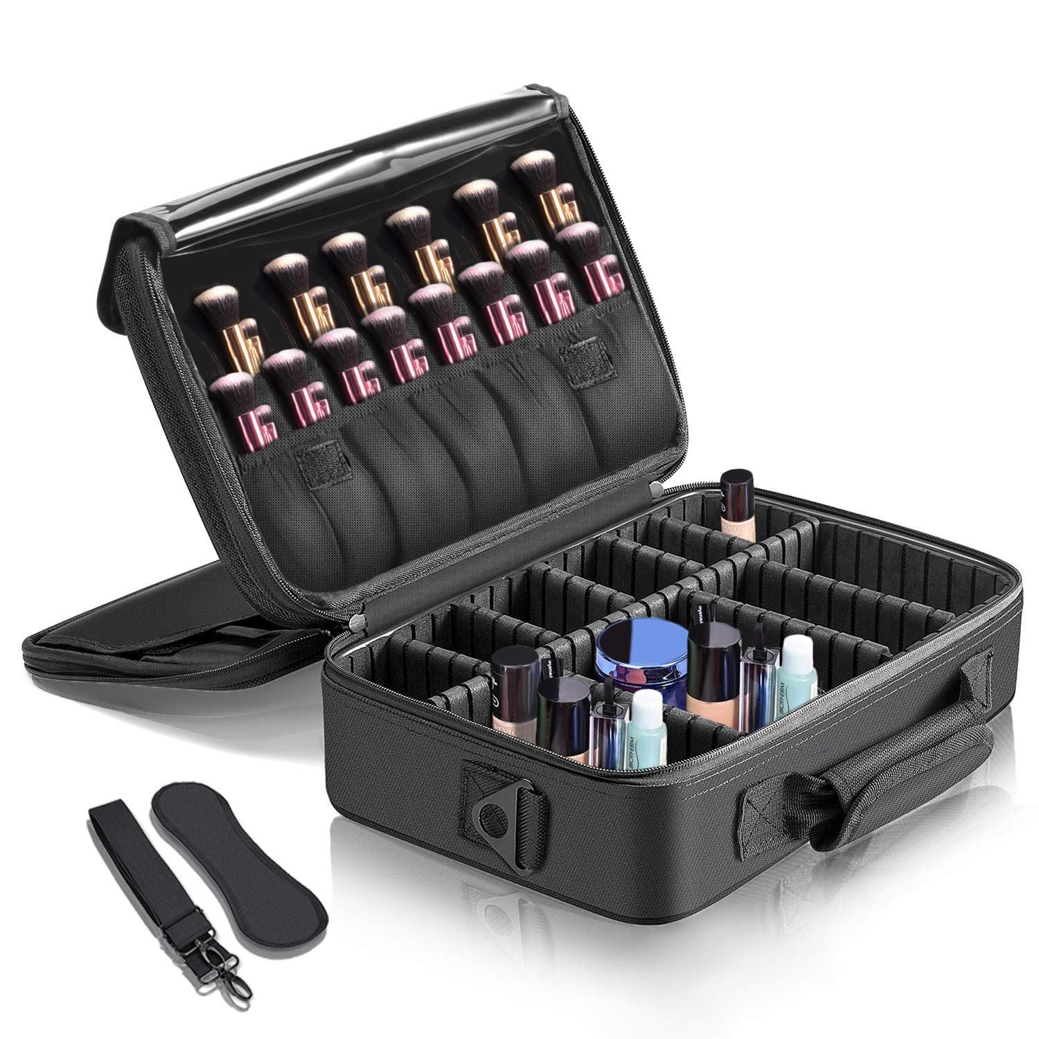 Makeup Train Case-3 Layers Waterproof Travel Makeup Bag Cosmetic Organizer Kit Artist Storage Case Brush Holder with Adju - ebowsos