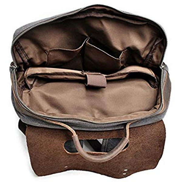 Men Leather Canvas Rucksack Laptop Backpack College School Bookbag - ebowsos