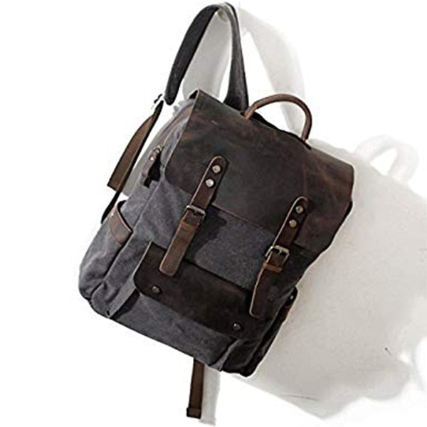 Men Leather Canvas Rucksack Laptop Backpack College School Bookbag - ebowsos