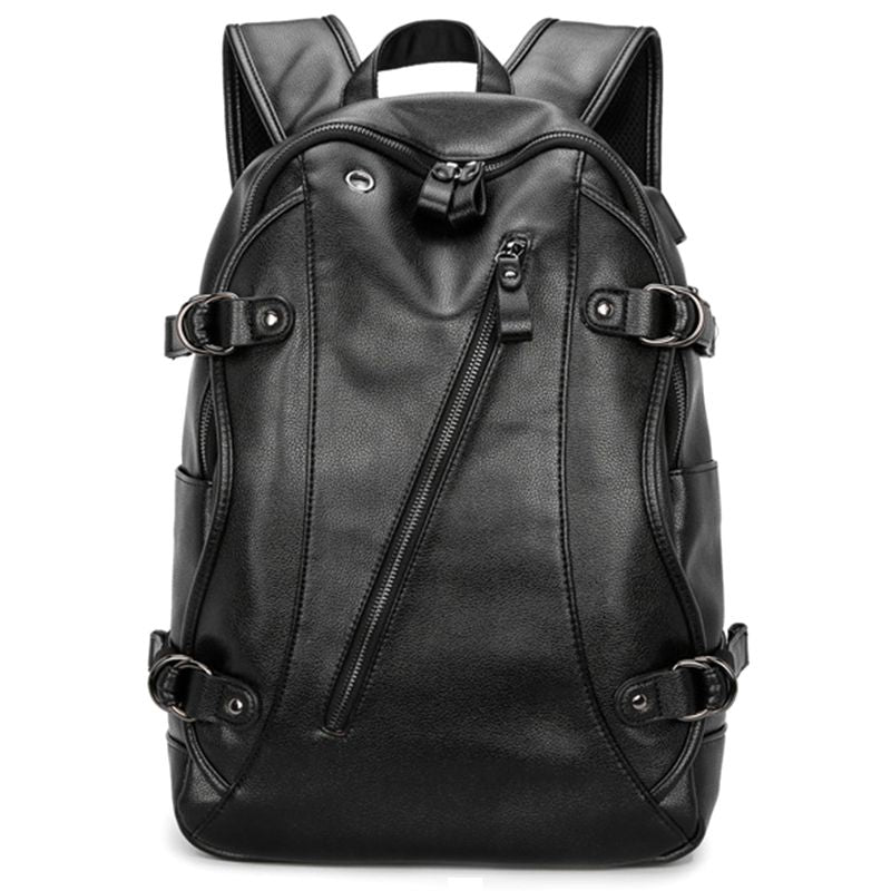 Men's Backpack, PU Leather College Travel Backpack Laptop Bag with Headphone USB Charging Ports, Black - ebowsos