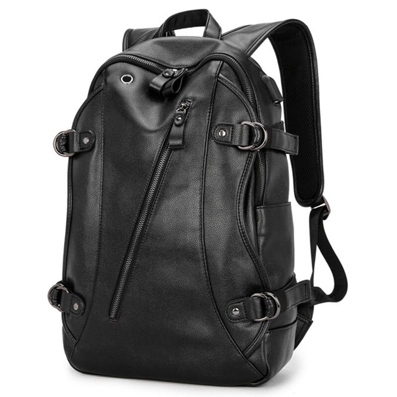 Men's Backpack, PU Leather College Travel Backpack Laptop Bag with Headphone USB Charging Ports, Black - ebowsos