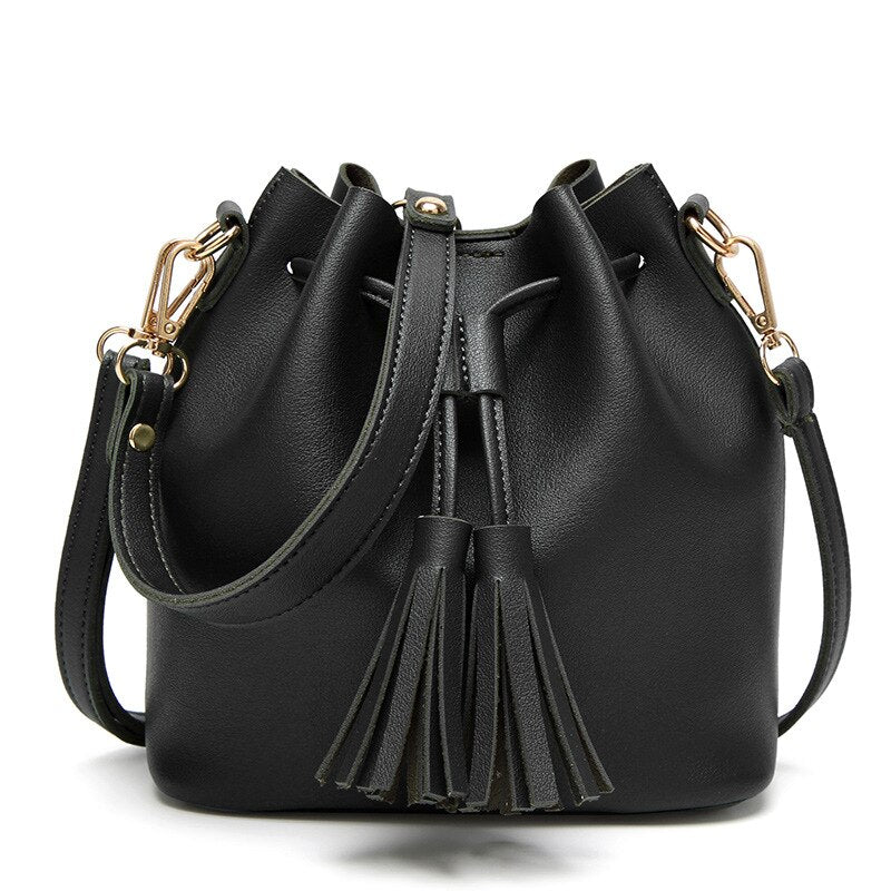 Mini Bucket Bag Leather Shoulder Crossbody Bag Tassel Drawstring Purse for Women - ebowsos