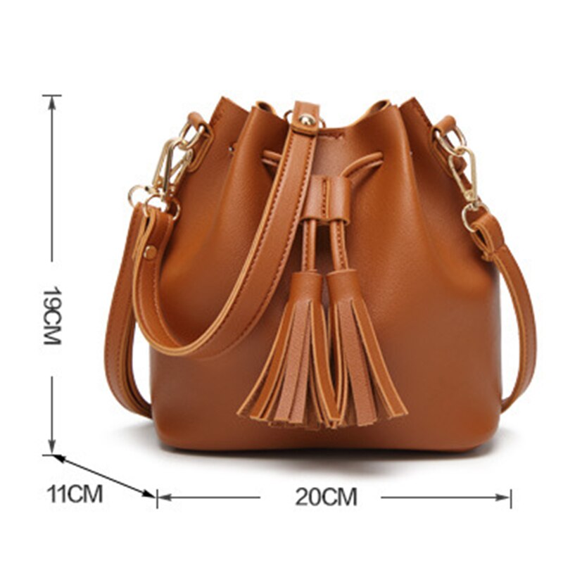 Mini Bucket Bag Leather Shoulder Crossbody Bag Tassel Drawstring Purse for Women - ebowsos