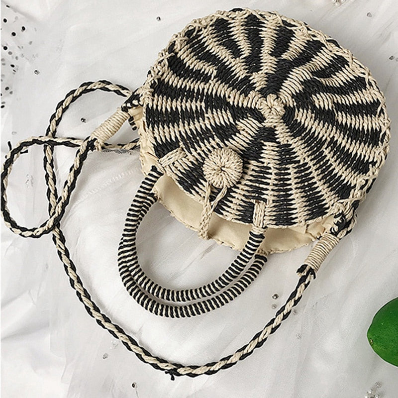 Mini Handmade Round Straw Beach Bag Shoulder Bag For Women, Black - ebowsos