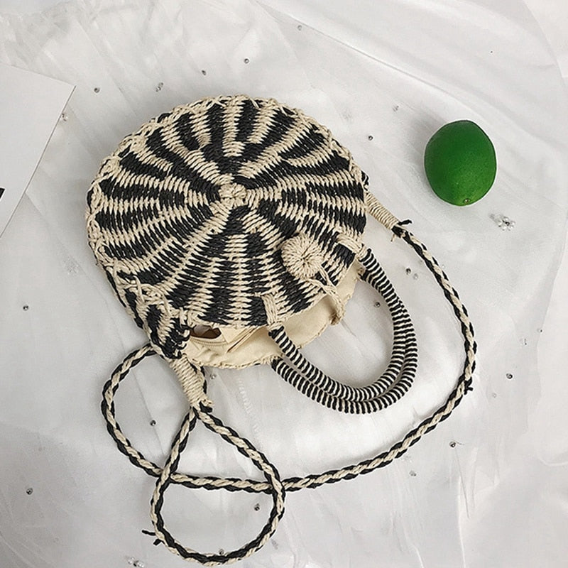 Mini Handmade Round Straw Beach Bag Shoulder Bag For Women, Black - ebowsos