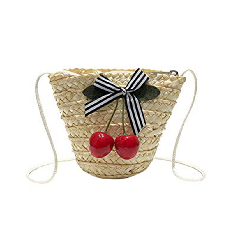 Mini Wrap Bag Women Summer Straw Rattan Woven Bag Crossbody Woven Beach Handbag with Cherry Shoulder Bags (White) - ebowsos