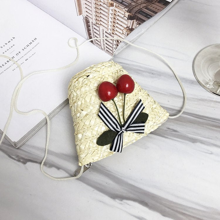 Mini Wrap Bag Women Summer Straw Rattan Woven Bag Crossbody Woven Beach Handbag with Cherry Shoulder Bags (White) - ebowsos