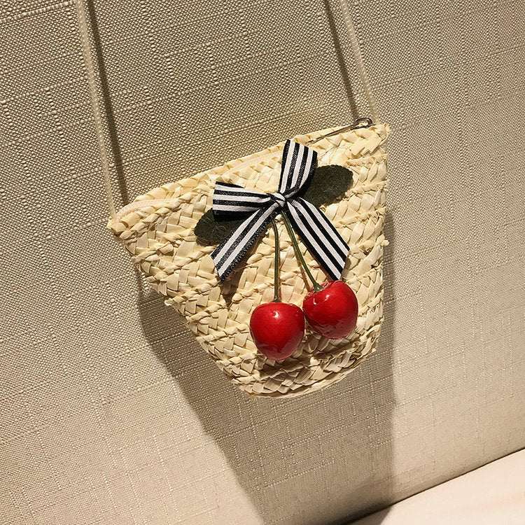 Mini Wrap Bag Women Summer Straw Rattan Woven Bag Crossbody Woven Beach Handbag with Cherry Shoulder Bags (White) - ebowsos