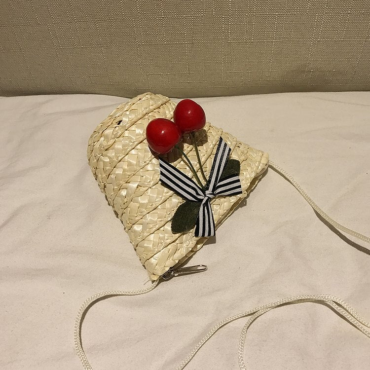 Mini Wrap Bag Women Summer Straw Rattan Woven Bag Crossbody Woven Beach Handbag with Cherry Shoulder Bags (White) - ebowsos