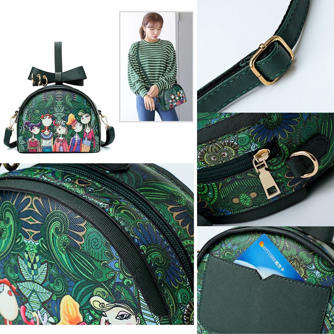 Ms. bag quilting forest girl printing green PU leather fashion trend small square shoulder diagonal package - ebowsos