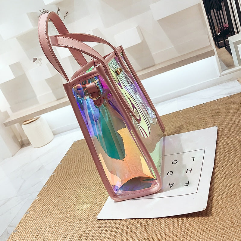 NEW Women Bucket Bag PVC Shoulder Bag Hologram Laser Handbag Jelly Transparent Totes - ebowsos