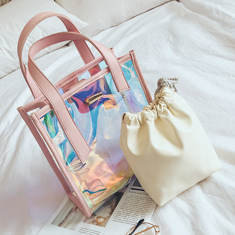 NEW Women Bucket Bag PVC Shoulder Bag Hologram Laser Handbag Jelly Transparent Totes - ebowsos