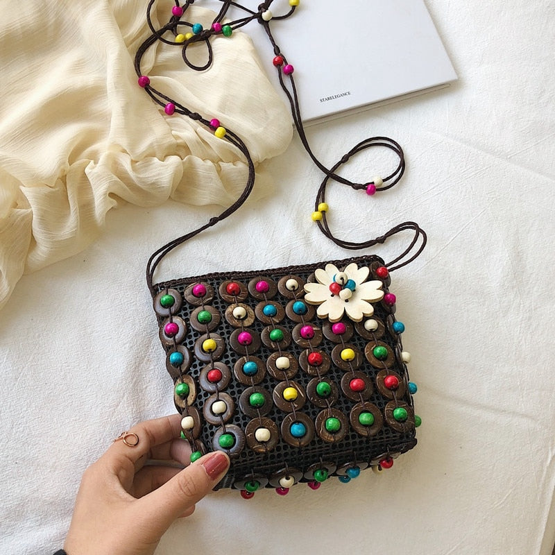 National Wind Female Handmade Flower Coconut Shell New Strange Woven Bag Pure Coconut Shell Beading Messenger Bag - ebowsos