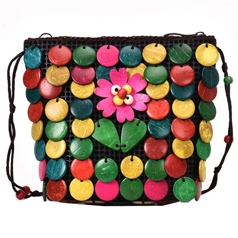 National Wind Female Handmade Flower Coconut Shell New Strange Woven Bag Pure Coconut Shell Beading Messenger Bag - ebowsos