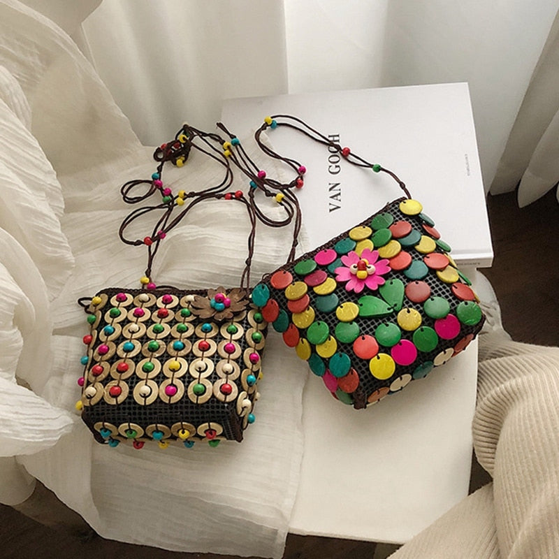 National Wind Female Handmade Flower Coconut Shell New Strange Woven Bag Pure Coconut Shell Beading Messenger Bag - ebowsos