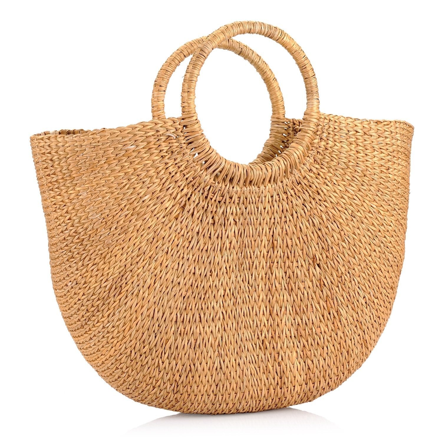 Natural Chic Hand-woven Round Handle Ring Straw Tote Retro Large Casual Summer Women Beach Handbags - ebowsos