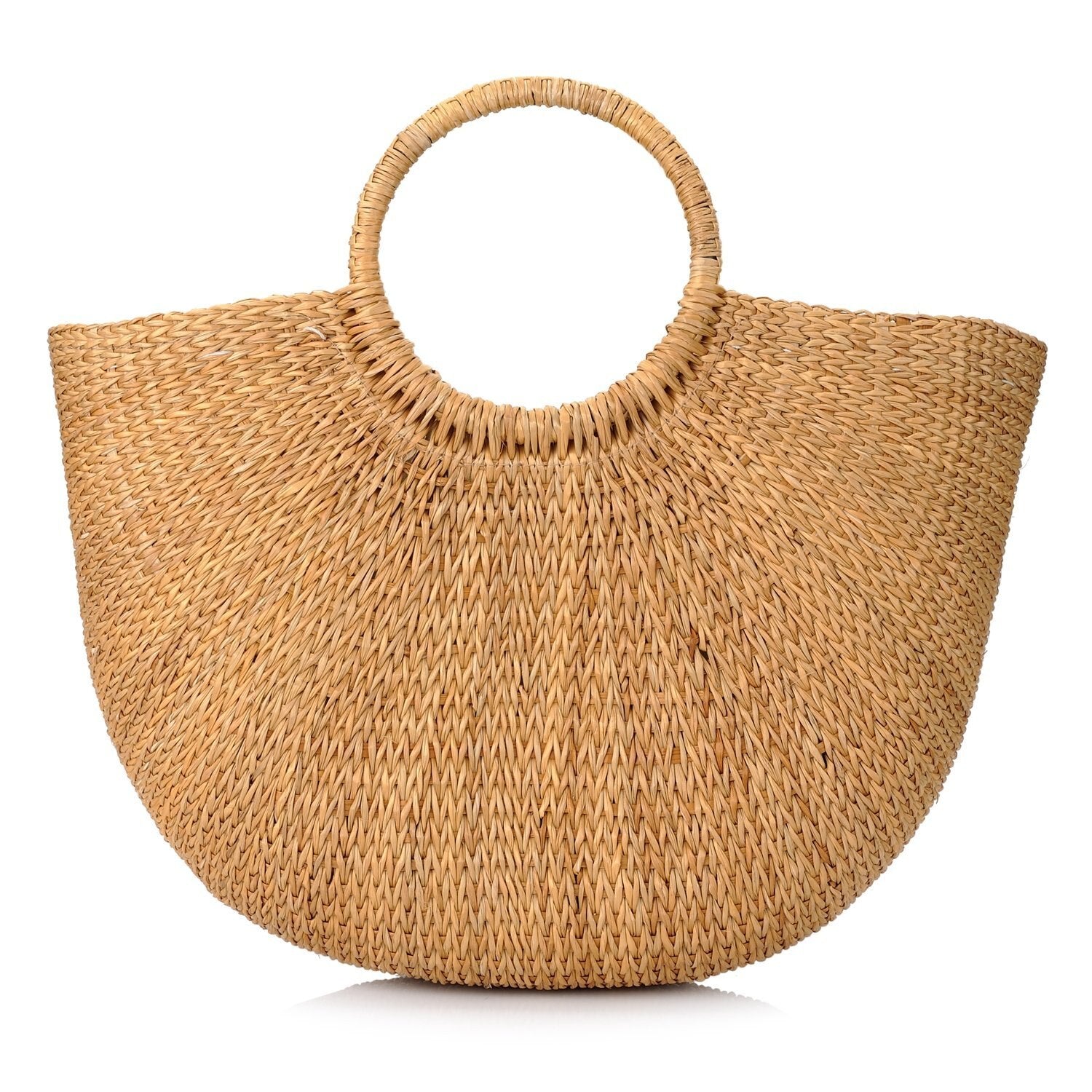 Natural Chic Hand-woven Round Handle Ring Straw Tote Retro Large Casual Summer Women Beach Handbags - ebowsos