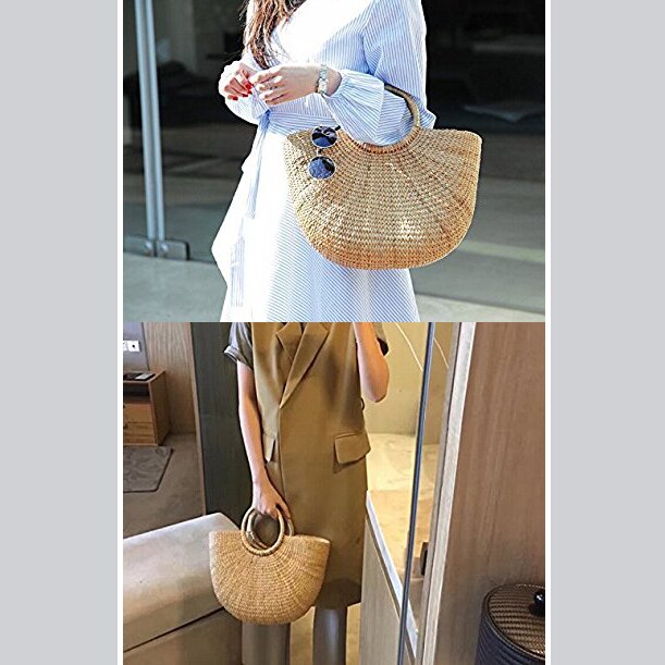 Natural Chic Hand-woven Round Handle Ring Straw Tote Retro Large Casual Summer Women Beach Handbags - ebowsos