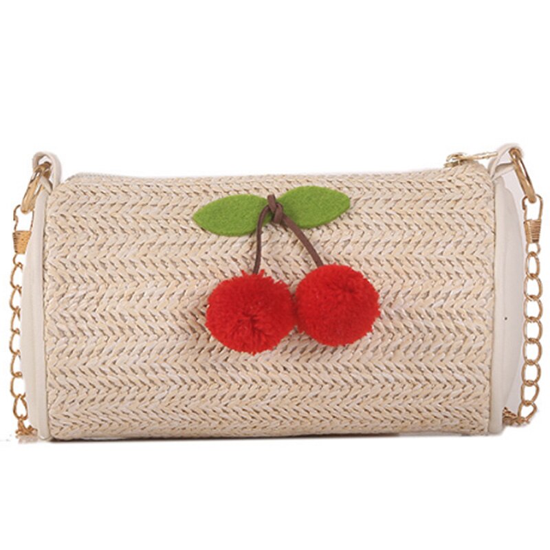 New Cherry Decorative Straw Cylindrical Handbags Shoulder Diagonal Korean Bag - ebowsos