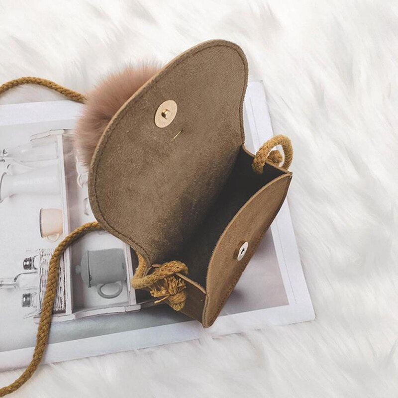 New Children Girls Cute Hairball Leather Messenger Bag Handbag Shoulder Bag for Baby Girls Mini Crossbody Bag - ebowsos