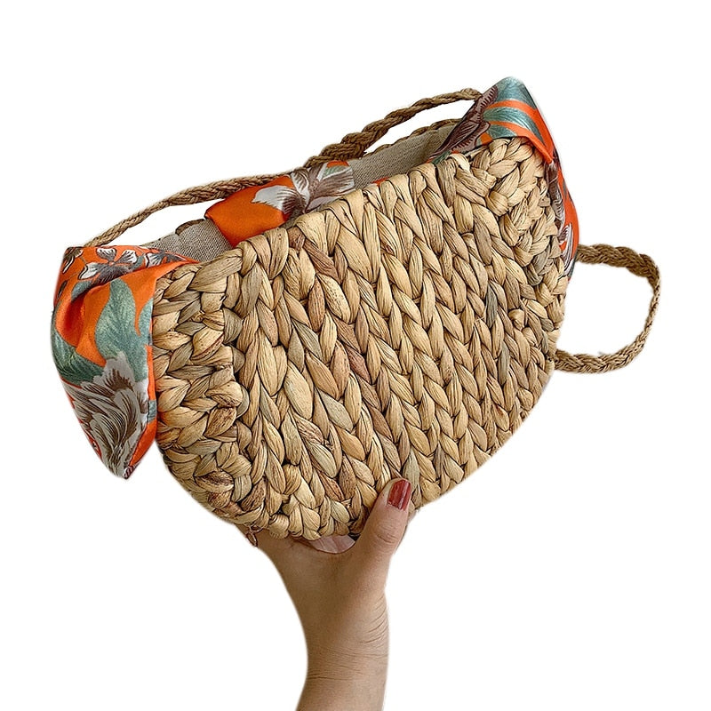 New Cute Gourd Grass Straw Bag Shoulder Slung Woven Bags Silk Scarf Bow Beach Bag For Women - ebowsos