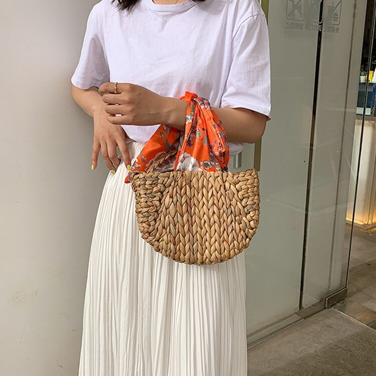 New Cute Gourd Grass Straw Bag Shoulder Slung Woven Bags Silk Scarf Bow Beach Bag For Women - ebowsos