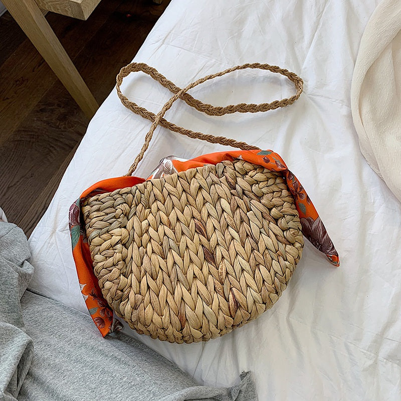 New Cute Gourd Grass Straw Bag Shoulder Slung Woven Bags Silk Scarf Bow Beach Bag For Women - ebowsos