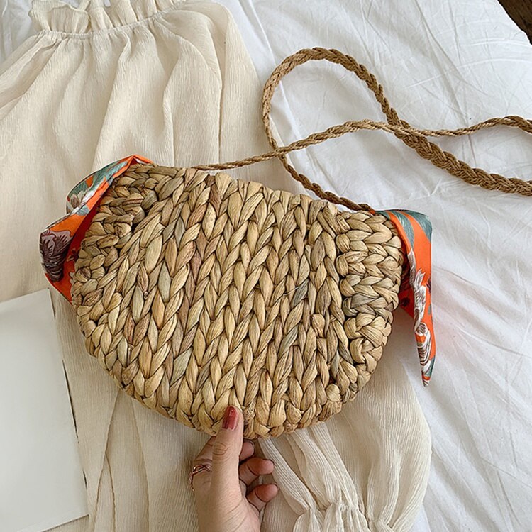 New Cute Gourd Grass Straw Bag Shoulder Slung Woven Bags Silk Scarf Bow Beach Bag For Women - ebowsos