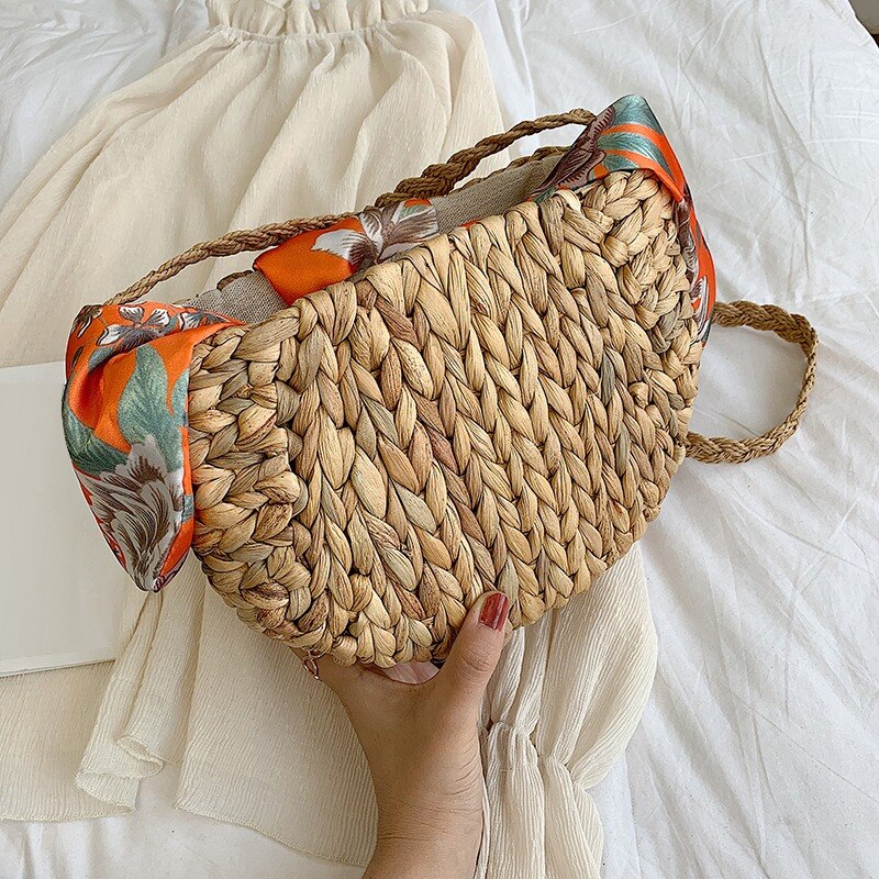 New Cute Gourd Grass Straw Bag Shoulder Slung Woven Bags Silk Scarf Bow Beach Bag For Women - ebowsos