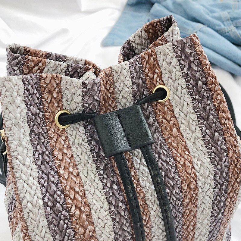 New Drawstring Women'S Straw Bucket Bag Summer Woven Shoulder Bags Shopping Purse Beach Handbag Straw Handbags Travel Bag - ebowsos