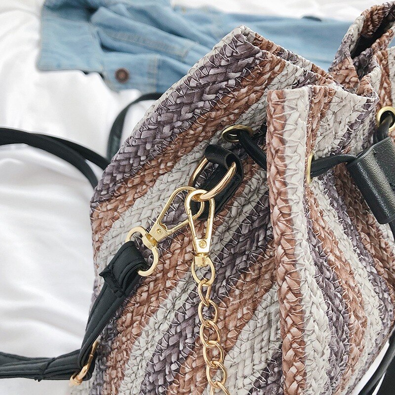 New Drawstring Women'S Straw Bucket Bag Summer Woven Shoulder Bags Shopping Purse Beach Handbag Straw Handbags Travel Bag - ebowsos