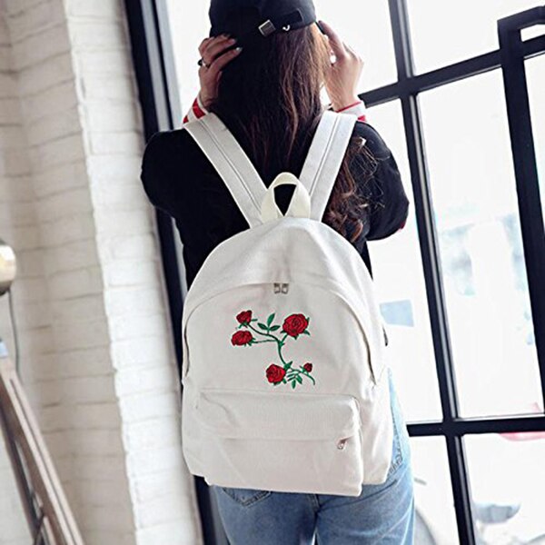 New Fashion Lady's Canvas Backpack Girl's Satchel School Bags Rose Embroidery Design on Women's Travel Bag A Classical Pu - ebowsos