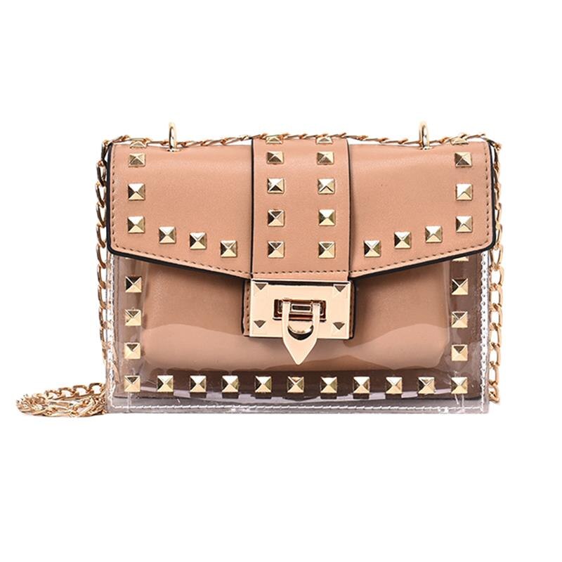 New Fashion Messenger Bag Chains Shoulder Bag Female Rivets Transparent Square Pu Handbag - ebowsos