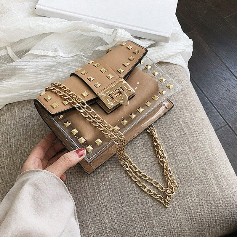 New Fashion Messenger Bag Chains Shoulder Bag Female Rivets Transparent Square Pu Handbag - ebowsos