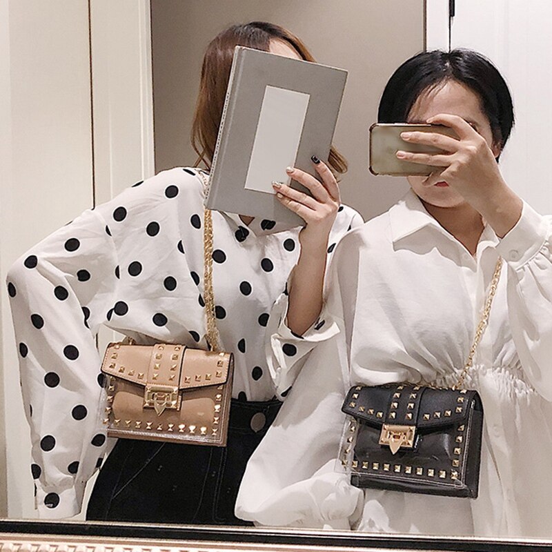 New Fashion Messenger Bag Chains Shoulder Bag Female Rivets Transparent Square Pu Handbag - ebowsos