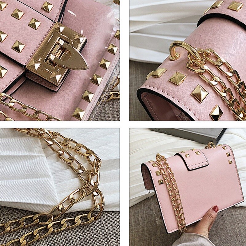 New Fashion Messenger Bag Chains Shoulder Bag Female Rivets Transparent Square Pu Handbag - ebowsos