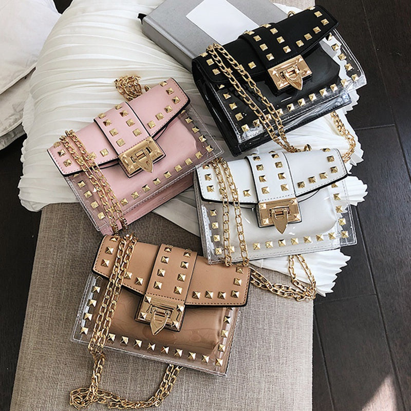 New Fashion Messenger Bag Chains Shoulder Bag Female Rivets Transparent Square Pu Handbag - ebowsos