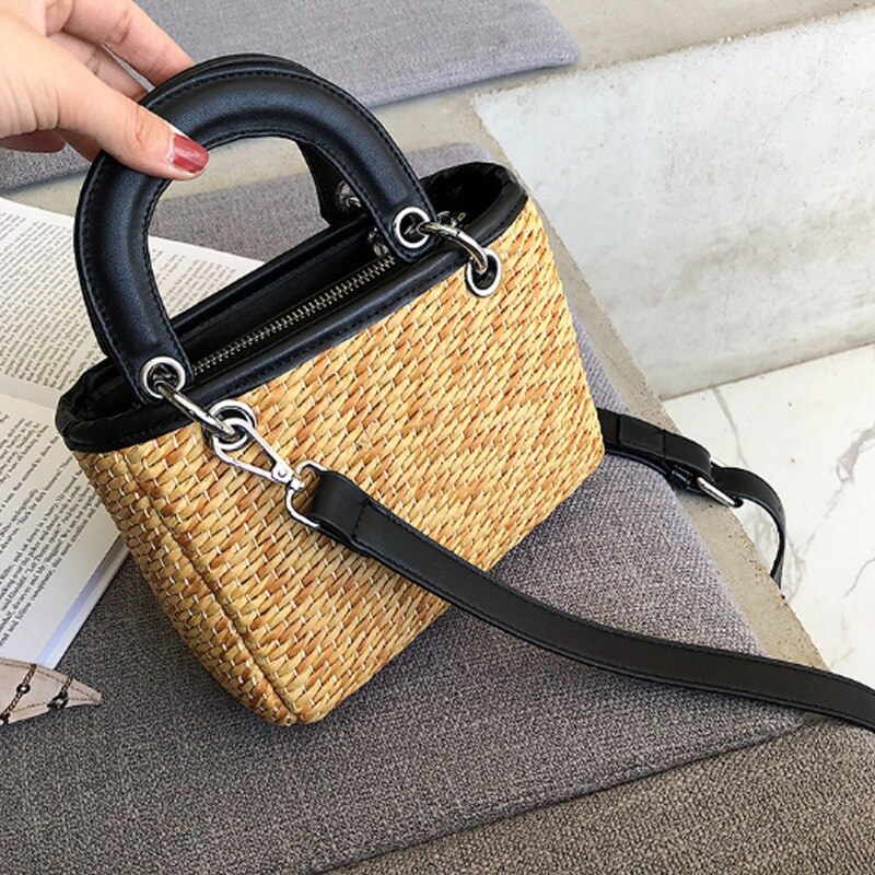 New Fashion Shoulder Bag Ladies Square Straw Bag Summer Rattan Bag Hand-Woven Beach Flip Bohemian Handbag - ebowsos